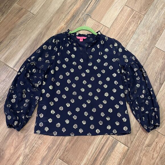 Lilly Pulitzer Giana True Navy Silk Blouse Gold Metallic Shell Design Small EUC - Picture 8 of 9